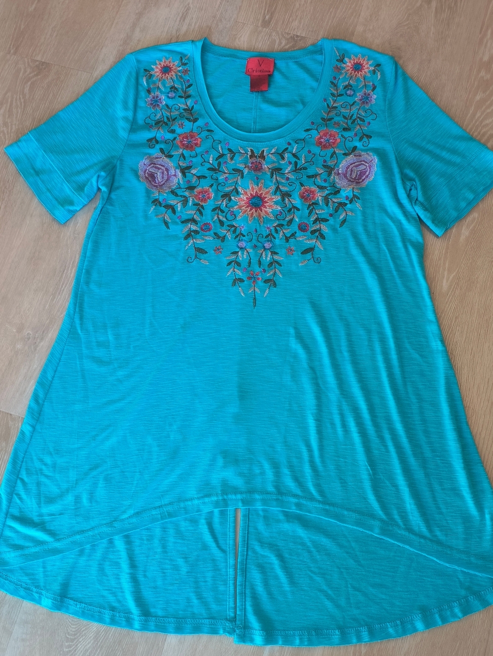 Christina Turquoise Short-Sleeve Tunic with Floral Embroidery